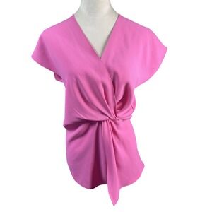 Zara Blouse Womens Medium Pink Surplice V Neck Draped Short Sleeve Top Modern